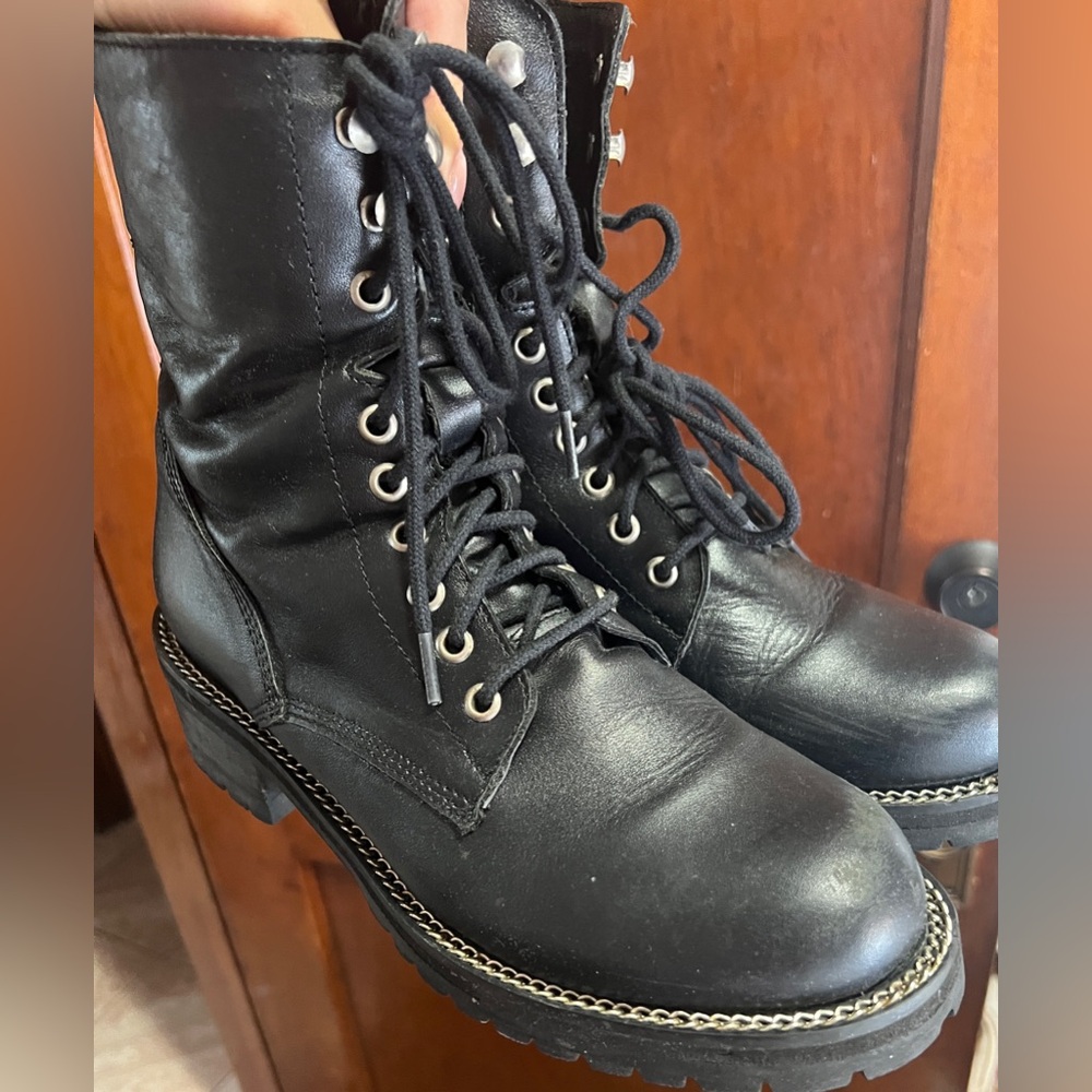 Aqua Black Leather Combat Boots
